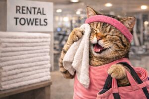 レンタルタオルで汗を拭う猫